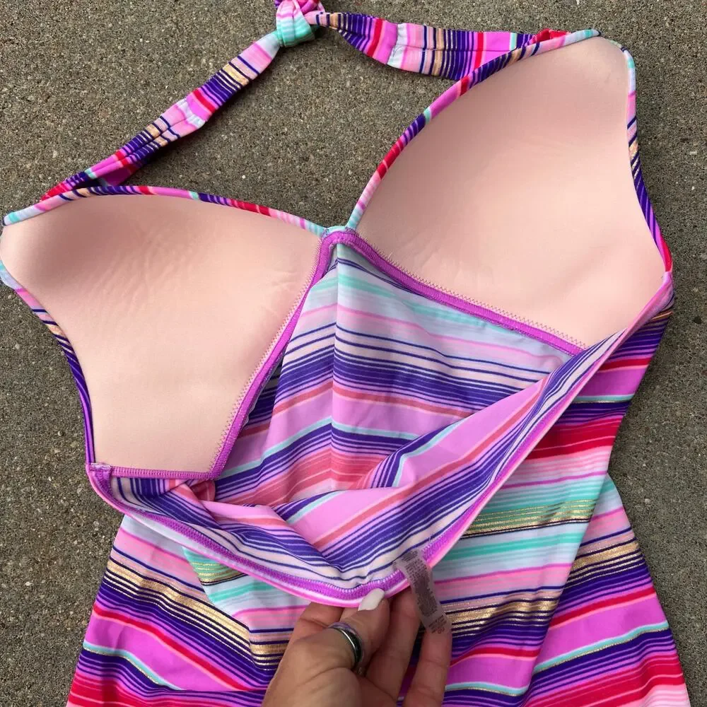 Victoria's Secret High Rise Foldover Bikini Tankini Purple Fuchsia Blue Stripe L